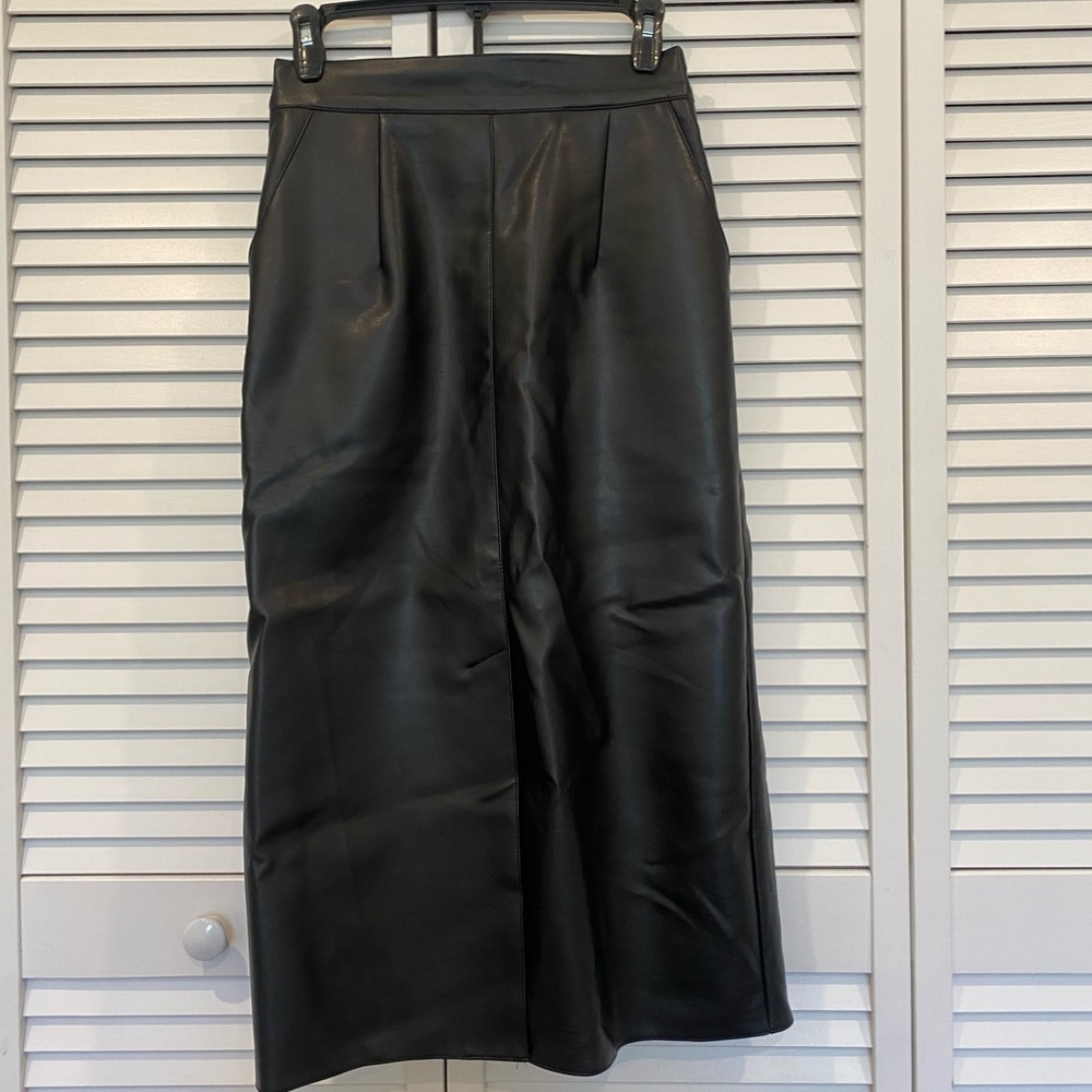 Oak + Fort vegan leather midi skirt with a middle slit.